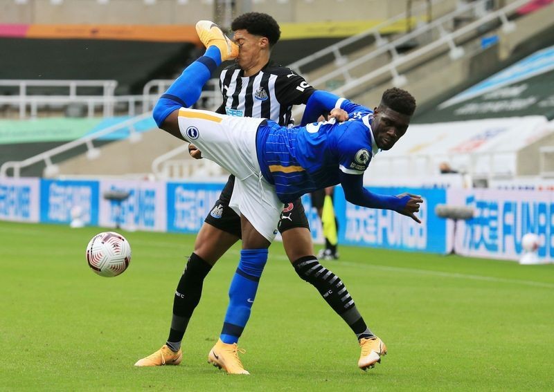 Soccer Football - Premier League - Newcastle United v Brighton & Hove Albion - St James' Park, Newcastle, Britain - September 20, 2020 Brighton & Hove Albion's Yves Bissouma kicks Newcastle United's Jamal Lewis in the face resulting in a red card for Bissouma upon VAR review Pool via REUTERS/Lindsey Parnaby